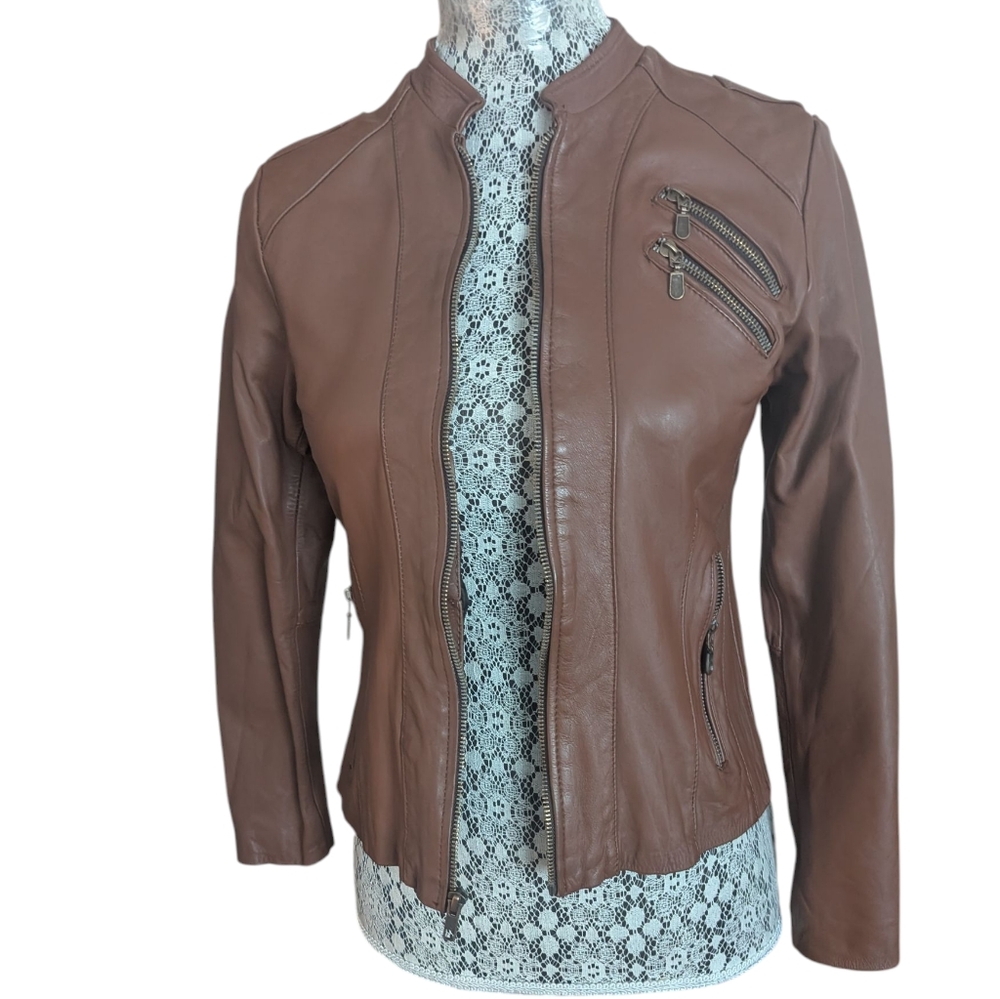 FELDINI Women's Brown Ovino Leather Jacket - Picture 2 of 11
